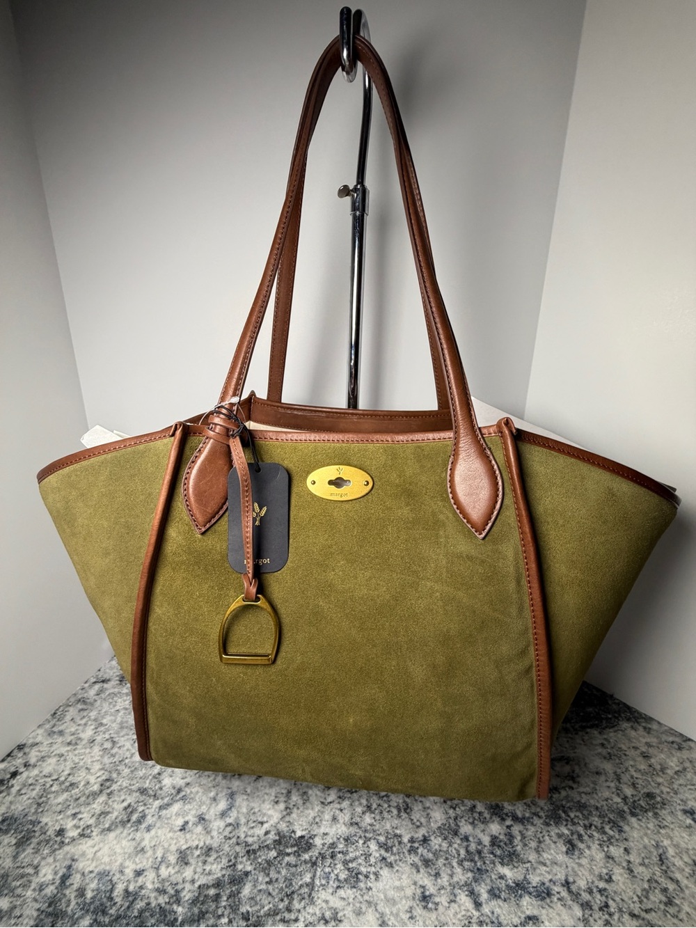 Vital Margot Olive Green Suede Tote with Brown Leather Trim